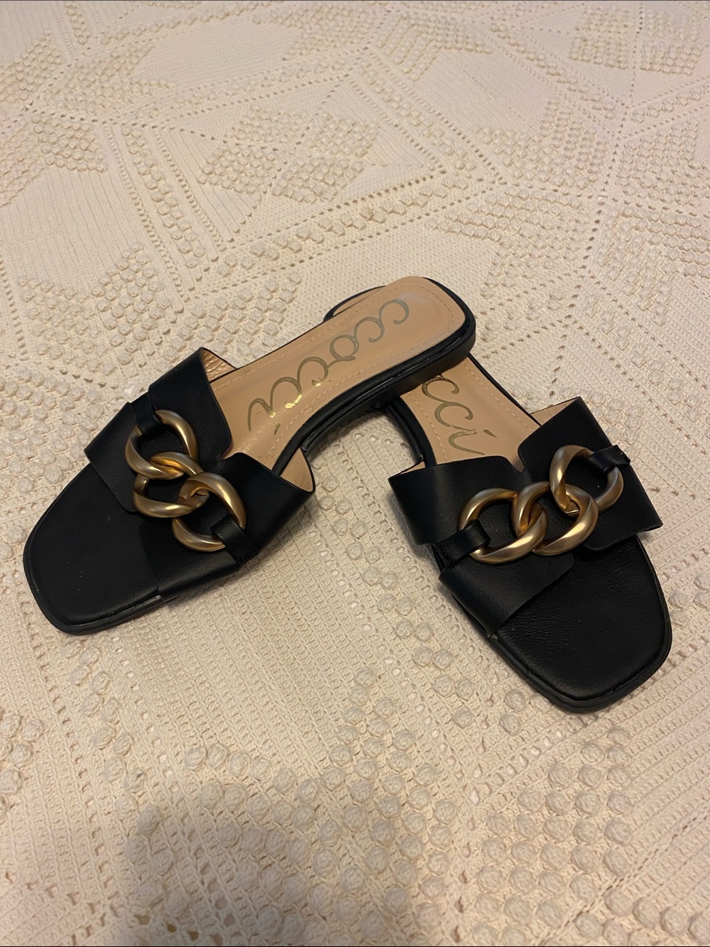 CCOCCI Black Slide Sandals with Gold Chain Accent
